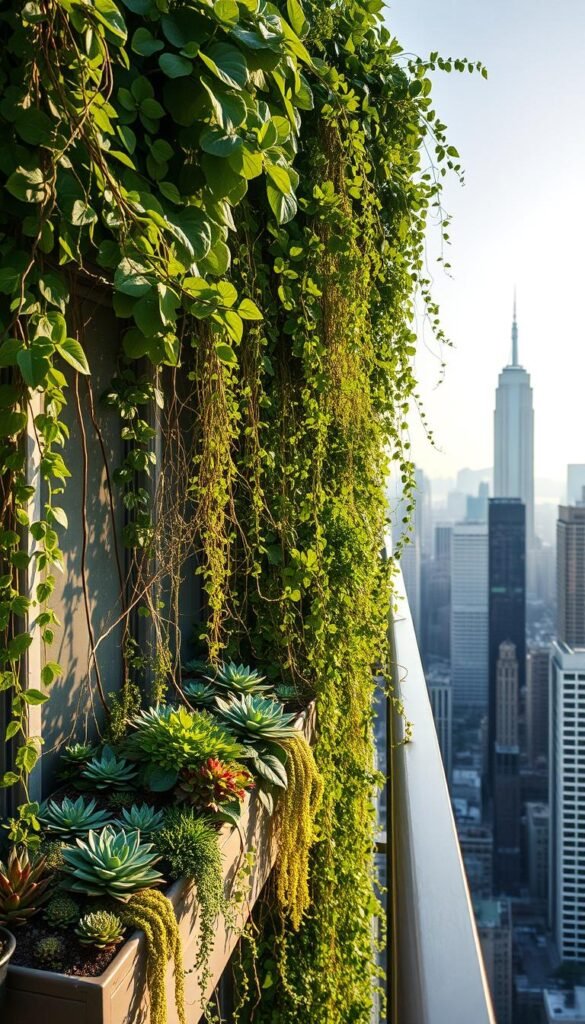 A towering urban oasis, lush and vibrant, cascading down from a high-rise balcony. Verdant foliage in shades of green and trailing vines spill over planters, casting delicate shadows across the terrace. Warm, soft lighting filters through the leaves, creating a tranquil, nature-infused atmosphere. In the background, the city skyline rises, a contrast of steel and glass against the organic beauty of the vertical garden. Carefully curated succulents, herbs, and flowering plants create a harmonious, visually stunning composition. Angles shift to capture the depth and dimension of this thriving, space-saving urban sanctuary.