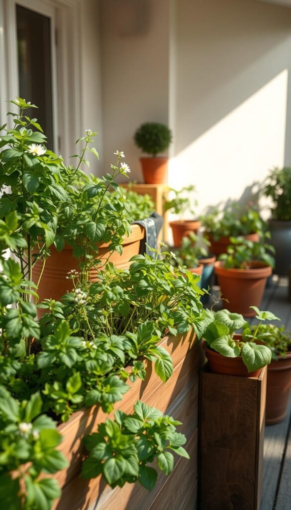 A tranquil container garden, sunlight gently filtering through lush foliage. In the foreground, a wooden planter box overflows with thriving herbs and vegetables, their vibrant leaves and delicate flowers beckoning. In the middle ground, various potted plants, their containers varying in size and material, create a harmonious arrangement. The background features a simple, uncluttered outdoor setting, perhaps a patio or balcony, with a few strategically placed accents that enhance the overall sense of serenity. The lighting is soft and natural, casting a warm, inviting glow. The overall mood is one of calm, simplicity, and the joy of homegrown nourishment, perfectly capturing the essence of beginning container gardening.