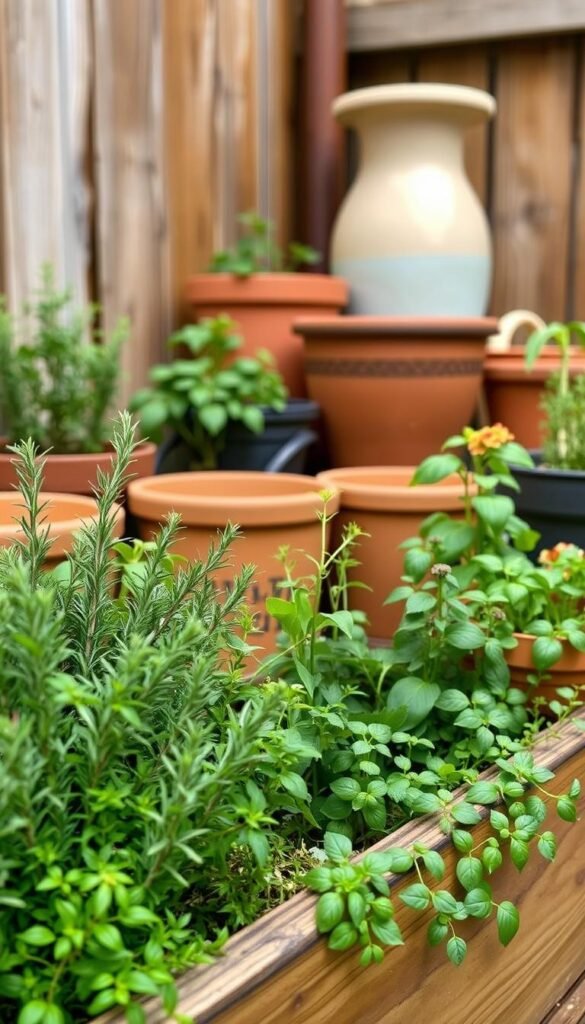 A tranquil container herb garden design, capturing the essence of a neatly arranged layout. In the foreground, a wooden planter box overflows with lush, vibrant herbs such as rosemary, thyme, and basil, their verdant foliage gently swaying in a soft, natural light. The middle ground features a mix of terracotta pots and ceramic planters, each carefully positioned to create a harmonious, visually appealing arrangement. In the background, a backdrop of warm, weathered wood complements the organic, earthy tones, evoking a sense of rustic charm. The overall scene conveys a serene, inviting atmosphere, inspiring the viewer to envision their own bespoke container herb garden design.