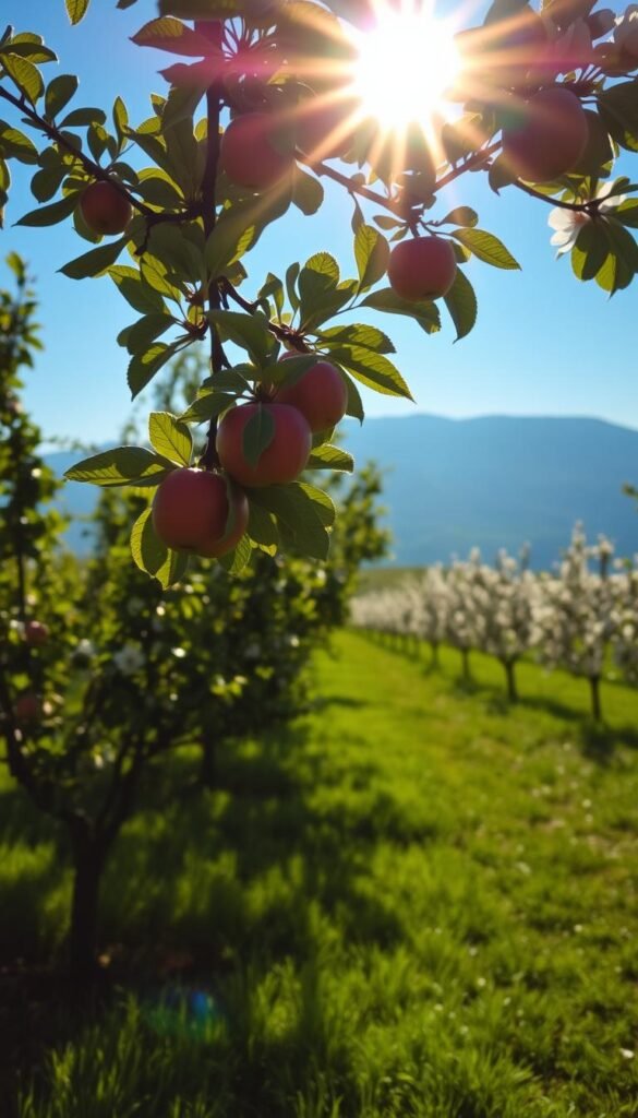 A tranquil fruit tree orchard basking in the warm glow of a late afternoon sun. In the foreground, a lush apple tree with ripe, crimson fruit hanging from its branches, casting long, softly focused shadows across the verdant grass below. Beyond, a row of mature pear trees in full bloom, their delicate white petals dancing in a gentle breeze. In the distance, a hazy blue mountain range rises, hinting at the diverse microclimates that shape the growth and development of these cold-hardy fruit species. The scene is infused with a sense of peaceful harmony, inviting the viewer to appreciate the intricate relationship between climate, soil, and the vibrant, bountiful life of a thriving fruit garden.