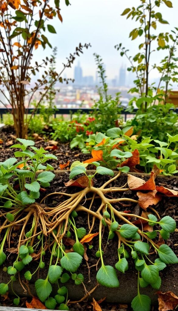 A tranquil garden scene in autumn, with a close-up view of a raised planter or garden bed. In the foreground, lush, verdant roots of hardy perennials and herbs are elegantly revealed, their intricate systems protected by a layer of mulch, leaves, and soil. The middle ground showcases a selection of cold-hardy plants, their foliage hues transitioning into warm autumnal tones. In the background, a soothing, muted cityscape or natural landscape sets the stage, creating a sense of peaceful coexistence between the urban or rural environment and the carefully curated small-space garden. Soft, diffused lighting casts gentle shadows, highlighting the textures and structures of the root systems and the surrounding plants. The overall mood is one of serene preparation, as the garden prepares to weather the coming winter.