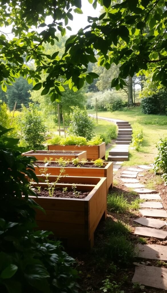 A tranquil garden scene with raised vegetable beds made of warm, weathered wood nestled among lush green foliage. Soft, natural lighting filters through the canopy of leafy trees, casting a serene glow over the neatly arranged beds filled with thriving plants. The beds are elevated to waist height, allowing for easy access and comfortable gardening. In the background, a stone pathway winds through the verdant landscape, inviting the viewer to explore this peaceful oasis. The overall atmosphere is one of harmony, simplicity, and a connection to the natural world.