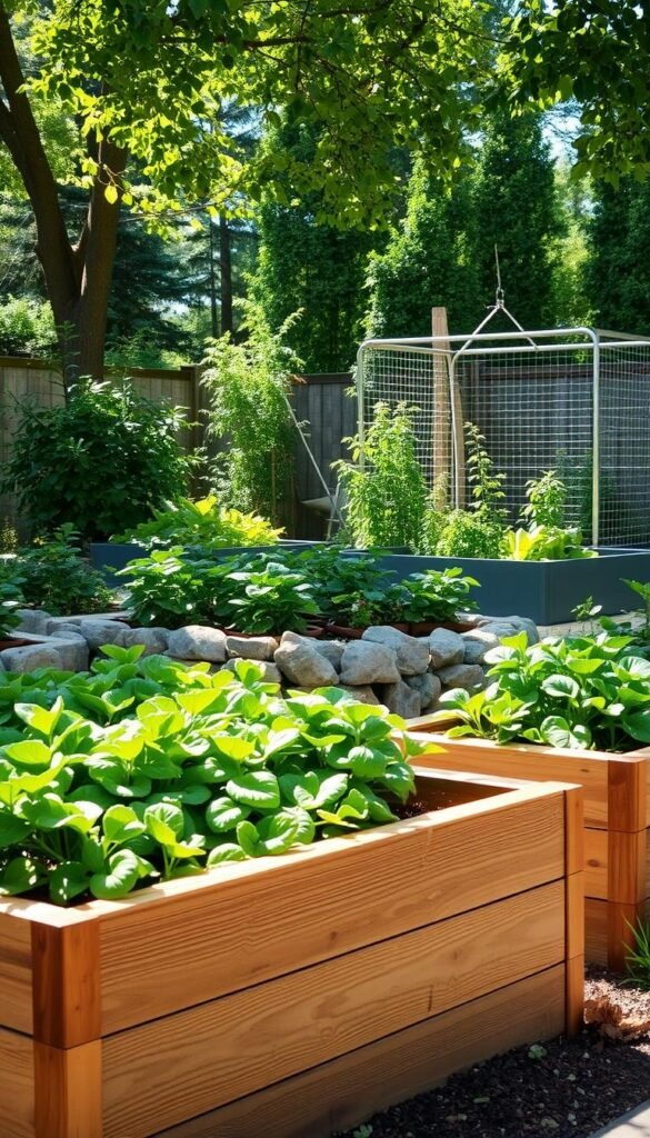A tranquil garden setting showcasing a variety of raised garden bed materials. In the foreground, wooden planters brimming with lush greenery, their natural tones complementing the earthy palette. In the middle ground, stone-lined beds stand out, their rugged textures juxtaposed with the vibrant foliage. Toward the back, a metal-framed raised bed adds a modern industrial touch, its clean lines contrasting with the softer organic elements. Dappled sunlight filters through the canopy, casting a warm, inviting glow across the scene. The overall composition highlights the diverse styles and materials that can be seamlessly integrated to create an aesthetically pleasing and functional raised vegetable garden.