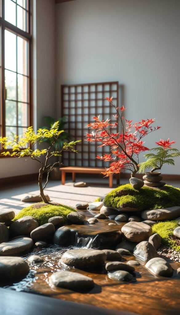 A tranquil indoor zen garden, bathed in soft natural light filtering through large windows. In the foreground, an arrangement of smooth river rocks and a small, trickling water feature, creating a soothing ambient sound. Delicate, miniature Japanese maple trees and lush, verdant moss surround the focal point, evoking a sense of harmony and balance. In the middle ground, a simple, wooden bench invites one to sit and meditate, while the background features a minimalist, shoji-inspired room divider, casting gentle shadows across the scene. The overall atmosphere is one of profound serenity and mindfulness, encouraging deep introspection and relaxation.