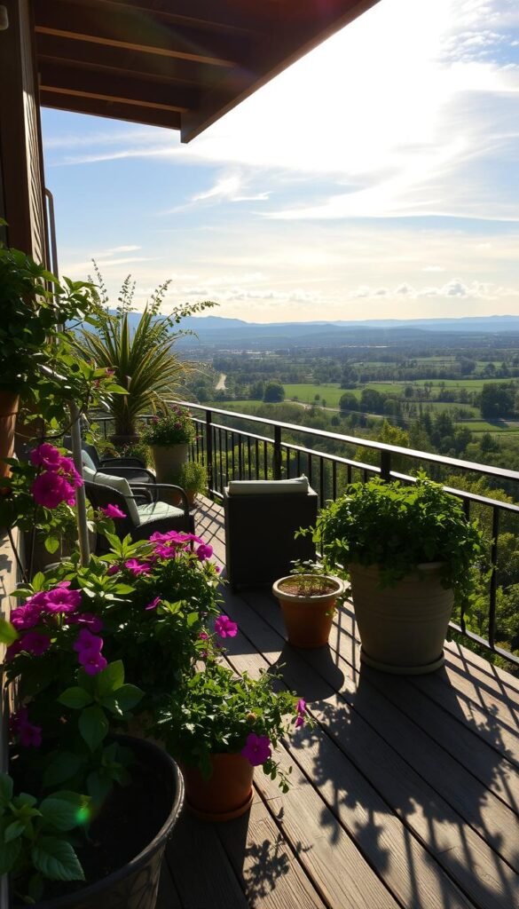 A tranquil, sun-dappled balcony overlooking a verdant, expansive landscape. In the foreground, lush container gardens brimming with vibrant blooms and verdant foliage, their shadows dancing across the weathered wooden planks. The middle ground features a cozy seating area, inviting one to pause and soak in the warm, radiant sunlight filtering through wispy clouds. In the distance, a breathtaking vista of rolling hills and a boundless sky, bathed in the soft, ethereal glow of the golden hour. Capture the serene, contemplative atmosphere, with a crisp, high-resolution lens that accentuates the interplay of light, shadow, and natural textures.
