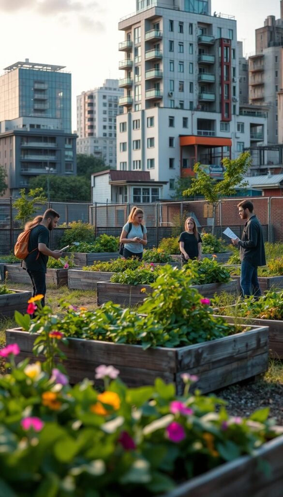 A tranquil urban landscape, with a small group of individuals tending to a guerrilla garden in an abandoned lot. In the foreground, lush greenery and vibrant flowers spill over from raised planter beds, their colors accentuated by warm, diffused lighting. In the middle ground, the gardeners carefully examine legal documents, discussing the potential risks and regulatory considerations of their venture. The background features a blend of modern architecture and crumbling infrastructure, hinting at the juxtaposition of the established and the unconventional. The overall mood is one of thoughtful determination, as the gardeners navigate the fine line between civic responsibility and civil disobedience.