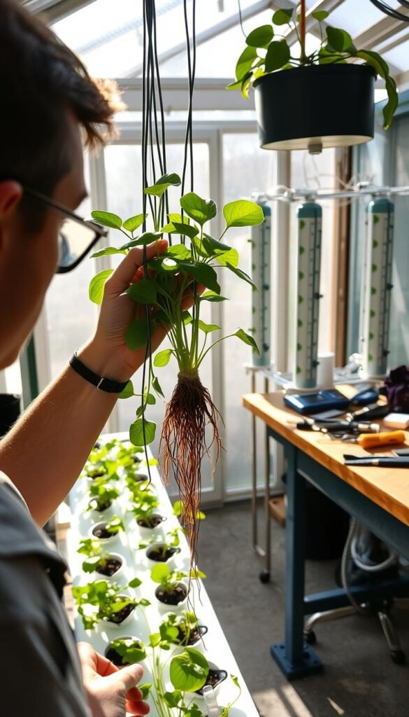 A troubleshooting scene in an aeroponics setup. In the foreground, a person closely inspects a suspended plant, examining its leaves and roots. Soft natural lighting filters through a greenhouse window, casting subtle shadows. The middle ground features an array of aeroponics towers, their misting systems visible. In the background, a workbench holds various tools and instruments used for diagnosis and maintenance. The overall atmosphere conveys a sense of focused problem-solving, with the goal of optimizing the aeroponics system for healthy plant growth.