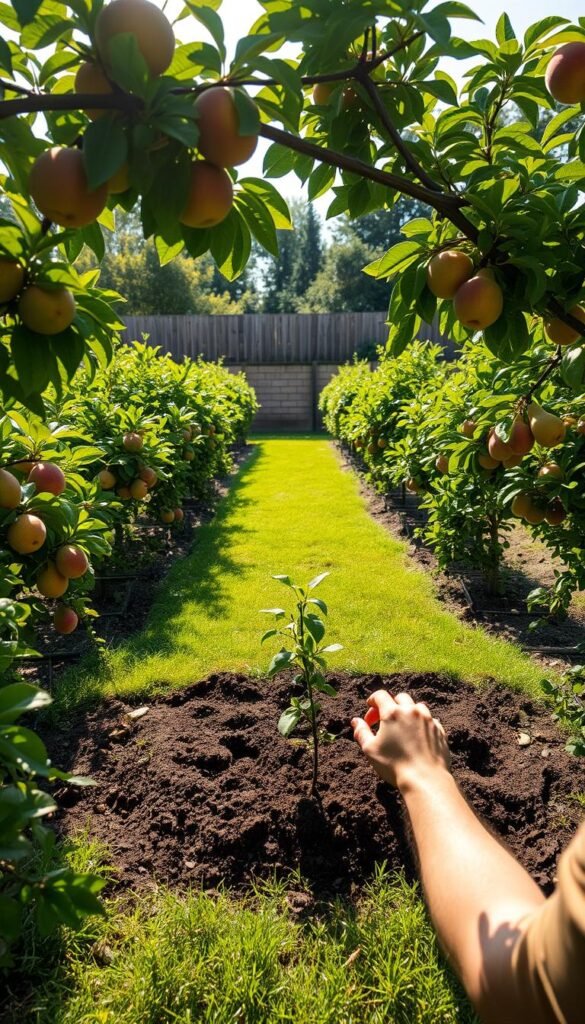 A verdant backyard, sunlight filtering through lush foliage. In the foreground, a person carefully planting a young fruit tree, their hands gently tamping down the soil around the roots. Rows of diverse fruit trees - apple, pear, peach - stretch into the middle ground, their branches heavy with ripe, colorful fruits. In the background, a sturdy wooden fence frames the scene, with a gently sloping lawn leading up to it. The composition is balanced, with a sense of peaceful tranquility and the promise of a bountiful harvest to come. Shot with a wide-angle lens to capture the full scope of the scene, the lighting is soft and natural, accentuating the organic textures and vibrant hues.