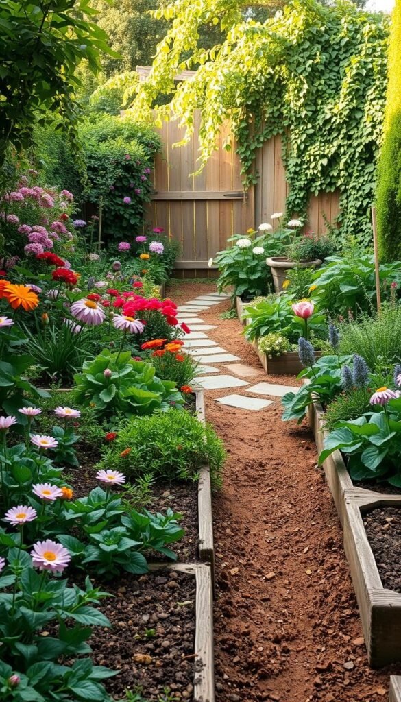 A verdant cottage garden, brimming with a harmonious blend of vibrant flowers and thriving edibles. In the foreground, neatly arranged vegetable beds, their soil rich and loamy, framed by a whimsical array of blooming perennials. The middle ground features a meandering stone pathway, inviting exploration, while the background showcases a charming wooden fence, draped with cascading vines. Soft, natural lighting filters through the lush foliage, casting a warm, romantic glow over the scene. The overall composition conveys a sense of tranquility and balance, perfectly capturing the essence of a well-planned, visually captivating cottage garden.