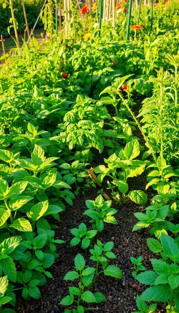 A verdant garden bed filled with a variety of lush, thriving plants in various stages of growth. In the foreground, rows of leafy greens and herbs, their vibrant colors and textures contrasting against the rich, loamy soil. In the middle ground, taller plants such as tomatoes and peppers, their sturdy stems supporting the weight of their ripening fruits. In the background, a mix of flowering plants and trailing vines, their blooms adding pops of color and visual interest. The scene is bathed in warm, golden sunlight, casting soft shadows and highlighting the natural textures and details of the plants. A sense of abundance and careful, intentional planning is evident, conveying the expertise and techniques of professional succession planting.