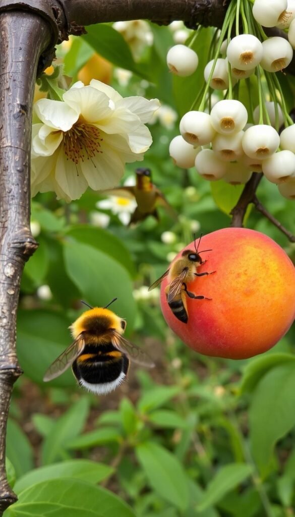 A verdant garden scene with a variety of stone fruit pollination partners. In the foreground, a bumblebee hovers near a lush peach blossom, its fuzzy body dusted with pollen. In the middle ground, a honeybee alights on a plump apricot, delicately probing the delicate stamens. In the background, a hummingbird darts between the hanging clusters of white cherry flowers, its iridescent feathers catching the warm sunlight. The composition is framed by the weathered branches of the fruit trees, creating a natural, organic atmosphere. Soft, diffused lighting enhances the vibrant colors and textures, inviting the viewer to appreciate the intricate dance of pollination that sustains a thriving home fruit garden.