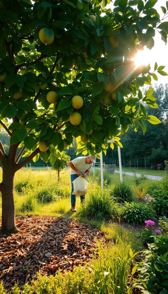 A verdant garden setting, with a mature fruit tree prominently featured in the foreground. Sunlight filters through the lush canopy, casting a warm, golden glow over the scene. In the middle ground, a person is carefully applying a layer of organic mulch around the tree's base, ensuring optimal soil moisture and weed suppression. In the background, a variety of companion plants, such as herbs and flowers, create a diverse, pest-deterring ecosystem. The composition is shot from a low angle, emphasizing the stately presence of the fruit tree and the diligent care being taken to maintain its health. An atmosphere of peaceful productivity pervades the image, reflecting the section's focus on effective mulching and integrated pest management strategies for a thriving fruit tree garden.
