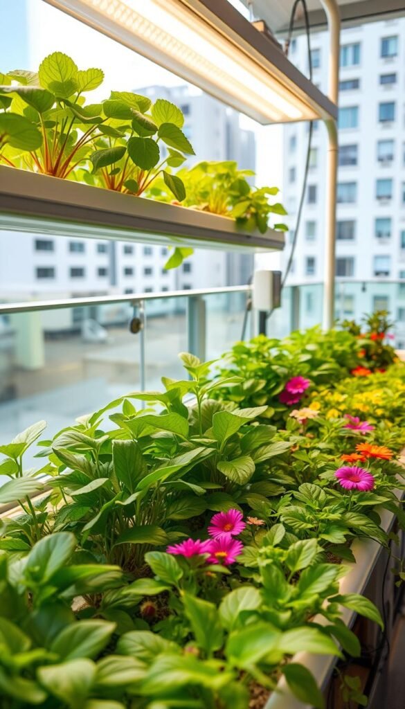 A verdant hydroponic garden flourishes, its vibrant plants suspended in a nutrient-rich liquid solution. In the foreground, lush leafy greens and vibrant flowering plants thrive without the need for soil, their roots submerged in a carefully balanced system. The middle ground showcases the efficient infrastructure - sleek grow lights, clear tubing, and a compact control panel, all working in harmony to create an optimal growing environment. In the background, a minimalist urban setting provides a clean, modern backdrop, emphasizing the self-contained, space-saving nature of this soilless gardening approach. The entire scene is bathed in a warm, natural glow, conveying the benefits of this sustainable, low-maintenance method of cultivating bountiful harvests.