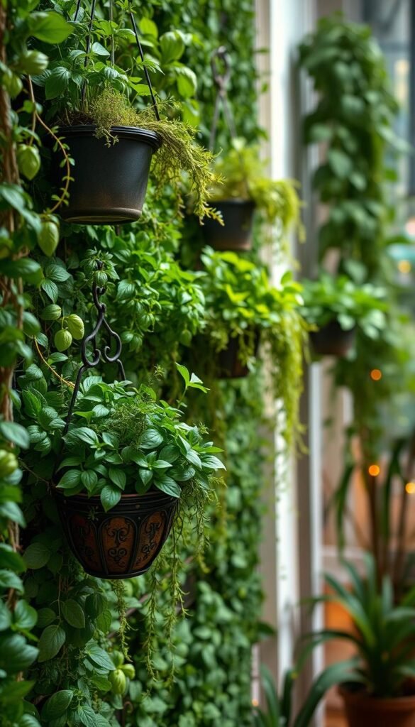 A verdant indoor vertical garden wall, adorned with a captivating hanging herb garden. The lush assortment of herbs, including basil, rosemary, and thyme, cascades gracefully from elegant wrought-iron planters. Soft, warm lighting illuminates the scene, casting a cozy glow and highlighting the vibrant green foliage. The composition features a balanced blend of foreground, middle ground, and distant background elements, creating a sense of depth and visual interest. The overall atmosphere exudes a serene, nature-inspired ambiance, perfectly capturing the essence of a space-saving, yet impactful, hanging planter solution.