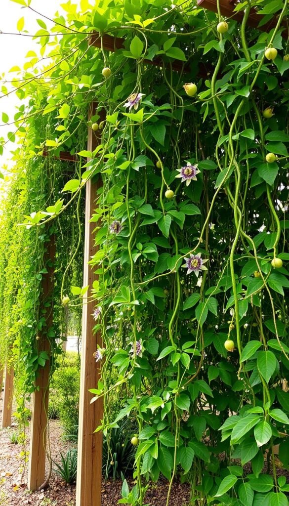 A verdant passionfruit trellis structure stands tall, its sturdy wooden frame supporting a lush canopy of vibrant green vines. The intricate lattice of twisting tendrils creates a captivating natural tapestry, gently swaying in the soft, dappled sunlight that filters through. Delicate passionfruit flowers, in shades of purple and white, dot the foliage, hinting at the juicy rewards to come. The trellis is positioned in a well-tended garden, its earthy, organic presence harmonizing with the surrounding landscape. A sense of tranquility and growth permeates the scene, inviting the viewer to imagine the bountiful harvest awaiting at the peak of the passionfruit season.