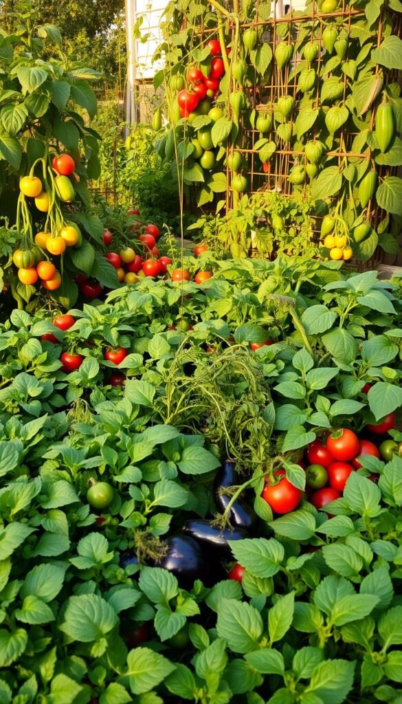 A verdant patio garden with a lush, dense arrangement of thriving vegetable plants. In the foreground, a variety of leafy greens and herbs, their leaves overlapping in a visually striking pattern. Moving back, rows of tomato plants, their vines intertwining, heavy with ripe fruit. In the middle ground, a mix of squash, peppers, and eggplants, their leaves and tendrils creating a tapestry of textures and colors. The background features a trellis system supporting pole beans and climbing vines, their delicate flowers adding pops of vibrant hues. The scene is bathed in warm, golden afternoon light, casting soft shadows and highlighting the vitality of the productive, space-efficient layout. A sense of abundance and careful cultivation pervades the scene.