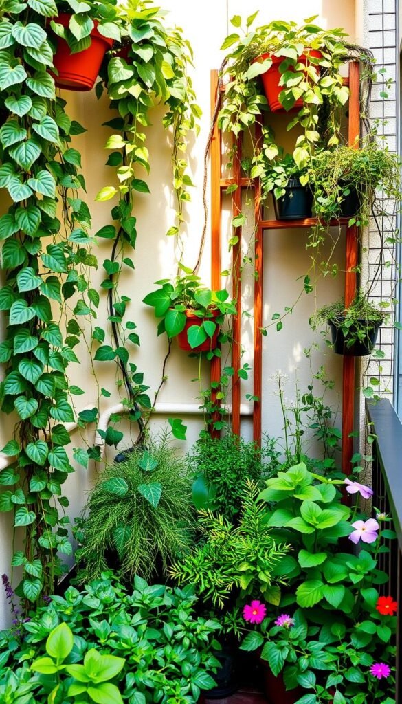 A verdant urban oasis on a cozy balcony, vertical gardening techniques on full display. Lush, trailing vines and potted plants cascade from wall-mounted planters, creating a natural, layered effect. Narrow, wooden trellises provide sturdy support for climbing vines, while a mix of leafy greens, fragrant herbs, and colorful flowers fill the foreground. Warm, natural lighting filters through the foliage, casting gentle shadows and highlighting the textures of the greenery. The overall scene evokes a sense of tranquility and harmony, showcasing how even the smallest of spaces can be transformed into a thriving, verdant retreat.