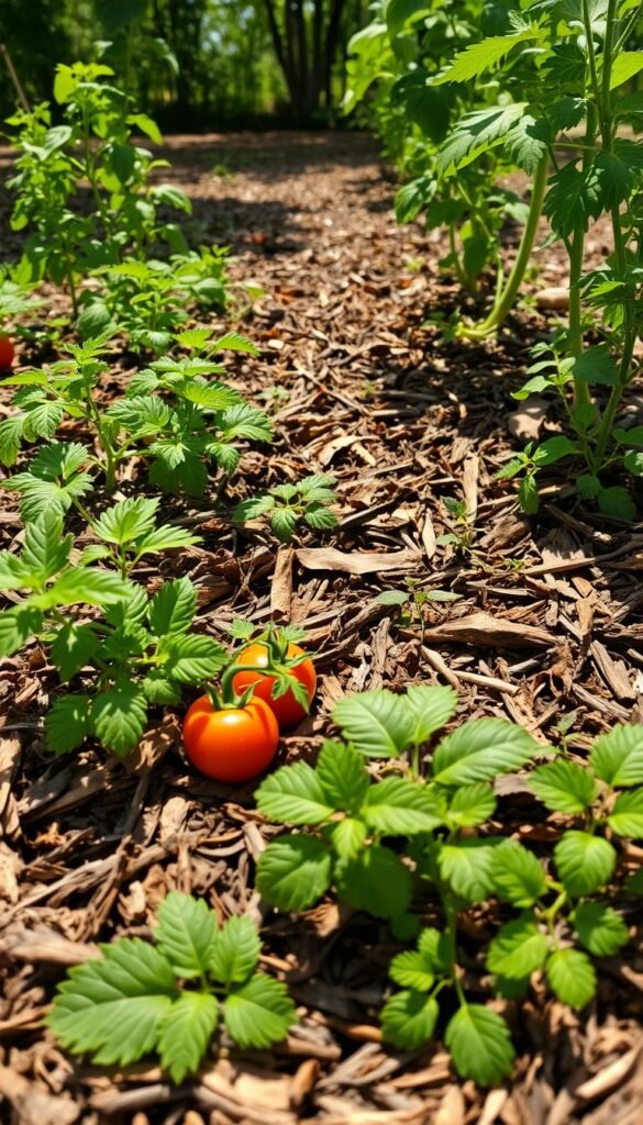 A verdant vegetable garden, its soil blanketed in a thick layer of mulch. Close-up view, showcasing the rich, earthy textures of the decomposing organic matter - shredded bark, fallen leaves, and fragrant wood chips. Sunlight filters through the canopy, casting a warm, natural glow over the scene. Lush foliage of tomato plants, leafy greens, and vibrant herbs emerge from the protective mulch, thriving in the nutrient-dense environment. The camera angle captures the tactile, hands-on experience of applying this eco-friendly mulch, emphasizing its role in moisture retention, weed suppression, and soil health enhancement for small-scale vegetable plots.
