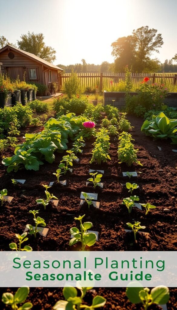 A verdant vegetable garden under the warm embrace of the sun, showcasing the seasonal planting cycle. In the foreground, neatly tilled soil with rows of freshly planted seedlings, each variety carefully labeled. Behind, a vibrant mix of leafy greens, budding flowers, and ripening produce in various stages of growth. In the distance, a wooden shed and a picket fence frame the scene, casting gentle shadows across the lush landscape. The image is bathed in a soft, golden glow, capturing the essence of a bountiful harvest season. A cinematic, wide-angle lens perspective invites the viewer to immerse themselves in this tranquil, fertile setting, ready to guide them through the seasonal planting guide.