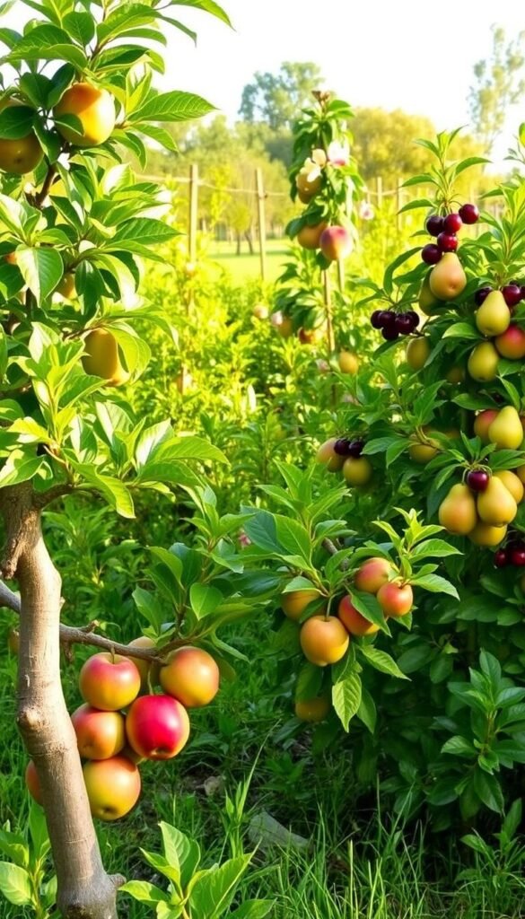A verdant, well-tended fruit garden showcasing a selection of compact, dwarf fruit tree varieties. In the foreground, a gnarled, miniature apple tree with vibrant red-green apples nestled among its lush foliage. Flanking it, a petite pear tree laden with plump, golden-yellow pears and a diminutive cherry tree adorned with clusters of deep-red cherries. In the middle ground, a compact peach tree with delicate pink blossoms and fuzzy, peach-colored fruits. The background features a harmonious mix of other compact fruit trees, including a fig, a plum, and a citrus variety, all thriving in a well-manicured, sun-dappled setting. The scene is bathed in warm, golden-hour lighting, creating a serene, inviting atmosphere.