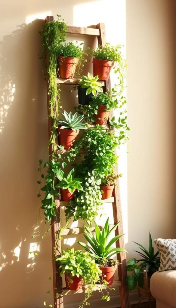 A vertical indoor garden display on a rustic wooden ladder, with various potted plants cascading down the steps. The lighting is warm and natural, casting a gentle glow on the lush greenery. The ladder is positioned against a plain, neutral-toned wall, allowing the vibrant foliage to take center stage. Varied textures and sizes of plants, from trailing vines to upright succulents, create a harmonious and visually appealing tiered arrangement. The overall scene evokes a sense of tranquility and brings the outdoors in, perfect for a space-saving vertical garden wall.