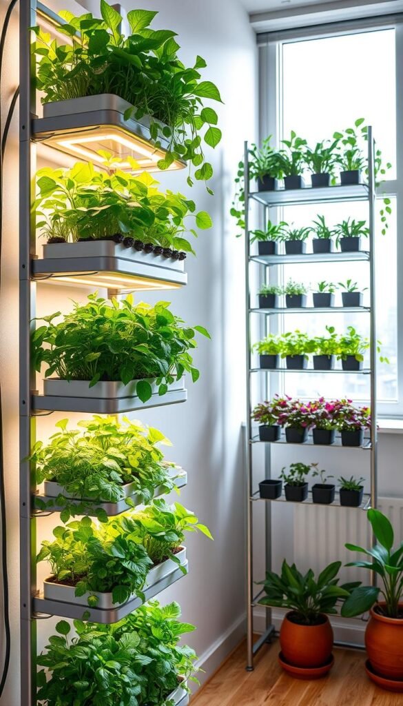 A vertically stacked hydroponic garden system with lush, thriving plants cascading down sleek, modern metal shelves. The foreground features a variety of leafy greens, herbs, and compact vegetables arranged in tiered planters, basking in the warm glow of energy-efficient LED grow lights. The middle ground showcases the innovative space-saving design, with slim, adjustable racks allowing for maximum vertical cultivation. In the background, a large window floods the scene with natural daylight, creating a bright, airy atmosphere and emphasizing the integration of nature within the urban apartment setting. A sense of tranquility and abundance pervades the composition, inviting the viewer to envision transforming their own limited space into a thriving indoor oasis.