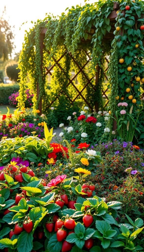 A vibrant, abundant edible garden bursting with color and life. In the foreground, lush beds overflowing with leafy greens, fragrant herbs, and plump, ripe fruits like strawberries, tomatoes, and peppers. The middle ground features a mix of flowering annuals and perennials, creating a tapestry of hues that draw the eye. In the background, a picturesque trellis or arbor draped with cascading vines, their leaves and tendrils providing visual interest and a sense of depth. Warm, golden sunlight filters through, casting a soft, naturalistic glow across the scene. The overall composition exudes a sense of harmony, balance, and an inviting, bountiful atmosphere, perfectly capturing the essence of an aesthetic and functional edible landscape.