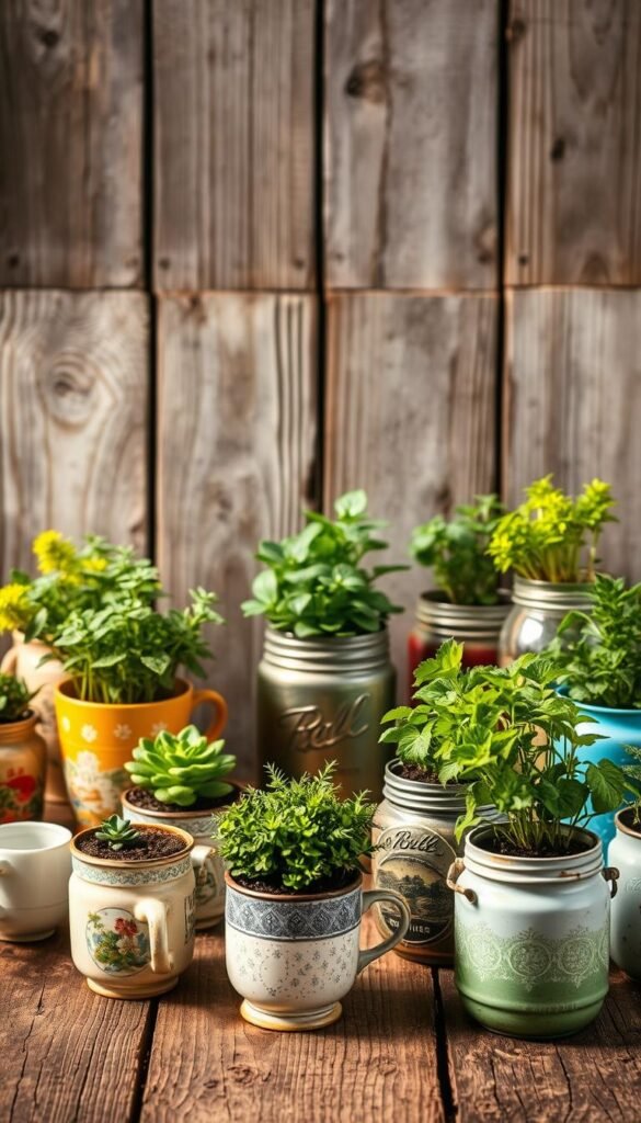 A vibrant and eco-friendly scene showcasing an array of unique upcycled planters. In the foreground, an assortment of repurposed household items, such as vintage teacups, mason jars, and tin cans, each transformed into charming and functional planters, overflowing with lush greenery. The middle ground features a rustic weathered wooden surface, providing a natural backdrop to highlight the diverse textures and colors of the repurposed vessels. Soft, diffused lighting casts a warm, inviting glow, accentuating the organic beauty of the composition. Subtle shadows and reflections add depth and dimension, creating an overall atmosphere of sustainable creativity and environmental consciousness.