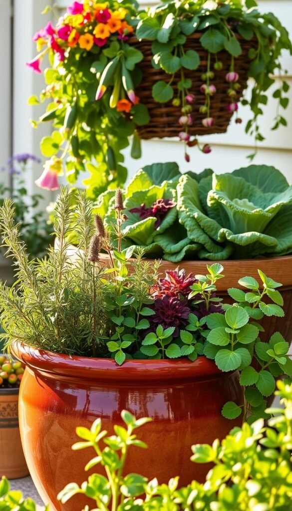 A vibrant and lush container garden arrangement, showcasing a carefully curated collection of companion plants. In the foreground, a glazed terracotta planter holds a thriving array of herbs, such as rosemary, thyme, and oregano, their aromas mingling in the warm, golden sunlight. In the middle ground, a larger wooden planter displays the vibrant foliage of leafy greens, including kale and chard, their colors contrasting beautifully. In the background, a cluster of trailing vines, such as nasturtiums and sweet peas, cascade over the edges of a hanging basket, adding a touch of whimsy and natural elegance. The entire scene is bathed in a soft, diffused light, creating a serene and inviting atmosphere that captures the essence of harmonious companion planting.