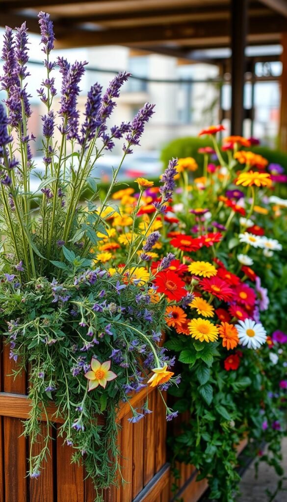A vibrant and lush container garden overflows with an array of herbs and flowers. In the foreground, a wooden planter showcases a cascade of fragrant lavender, rosemary, and thyme, their delicate leaves and petals swaying gently in the soft, warm light. In the middle ground, a mix of colorful blooms such as marigolds, zinnias, and cosmos intermingle, creating a harmonious tapestry of colors and textures. The background features a subtle, blurred cityscape, hinting at the urban setting, while the overall composition evokes a sense of serene, natural beauty and a connection to the outdoors. The image is captured with a shallow depth of field, allowing the viewer to focus on the captivating details of the container garden.