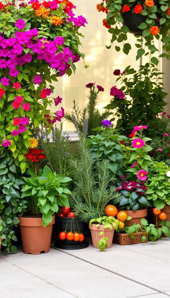 A vibrant and neatly arranged container garden filled with a harmonious variety of plants. In the foreground, lush and verdant foliage cascades from hanging baskets, complemented by the bright pops of color from blooming flowers like geraniums, petunias, and marigolds. The middle ground features a mix of potted herbs, vegetables, and ornamental plants like rosemary, cherry tomatoes, and coleus, creating a sense of exploration and experimentation. In the background, a warm, diffused light filters through the scene, casting soft shadows and highlighting the textures of the diverse plantings. The overall composition conveys a sense of balance, creativity, and the joy of curating a thriving and visually captivating container garden.