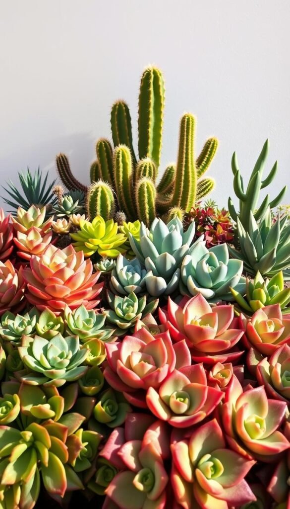A vibrant and well-curated succulent garden takes center stage, showcasing a diverse array of low-maintenance plants in a minimalist, sun-drenched setting. In the foreground, lush rosettes of jade plants, echeveria, and senecio cascade elegantly, their fleshy leaves reflecting the warm, diffused lighting. The middle ground features a sculptural arrangement of barrel cacti and haworthia, their unique silhouettes creating visual interest. In the background, a plain white wall provides a clean, uncluttered backdrop, allowing the succulents to truly shine. The overall composition radiates a sense of tranquility and effortless sophistication, perfectly embodying the essence of easy-care houseplants for busy schedules.