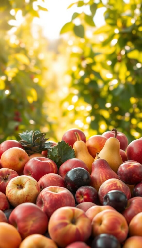 A vibrant arrangement of diverse, fresh fruits set against a soft, natural backdrop. In the foreground, a selection of ripe, juicy apples, pears, peaches, and plums are arranged in an artful, asymmetrical display. The middle ground features lush, verdant foliage, hinting at the orchard setting. Warm, diffused sunlight filters through, casting a golden glow and gentle shadows, creating a serene, inviting atmosphere. The image evokes a sense of abundance, diversity, and the bounty of a well-tended orchard, reflecting the beauty and potential of the natural world.