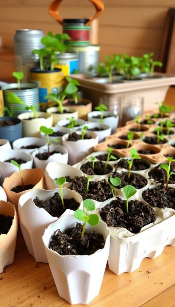 A vibrant arrangement of repurposed household items serving as makeshift seed starting containers. In the foreground, various upcycled vessels like eggshells, yogurt cups, and egg cartons filled with soil and delicate seedlings. The middle ground showcases a mix of recycled materials like tin cans, plastic bottles, and cardboard trays, all transformed into functional and eco-friendly propagation solutions. The background features a warm, natural-toned setting, perhaps a cozy kitchen counter or a rustic wooden table, creating a homely, down-to-earth atmosphere. Soft, diffused lighting illuminates the scene, highlighting the organic textures and the subtle earthy tones of the repurposed containers.