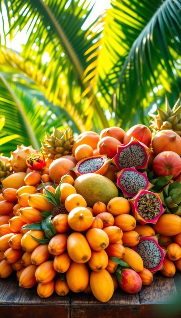A vibrant arrangement of tropical fruit varieties bathed in warm, golden sunlight. In the foreground, lush clusters of plump mangoes, papayas, and dragonfruit spill across a rustic wooden table. Vibrant hues of orange, yellow, and fuchsia create a visually striking composition. In the middle ground, a background of verdant palm fronds and banana leaves sway gently, hinting at the lush, exotic setting. The lighting is soft and diffused, accentuating the succulent textures and natural gradients of the fruit. The overall mood is one of abundance, tranquility, and the bountiful delights of a thriving tropical fruit garden.