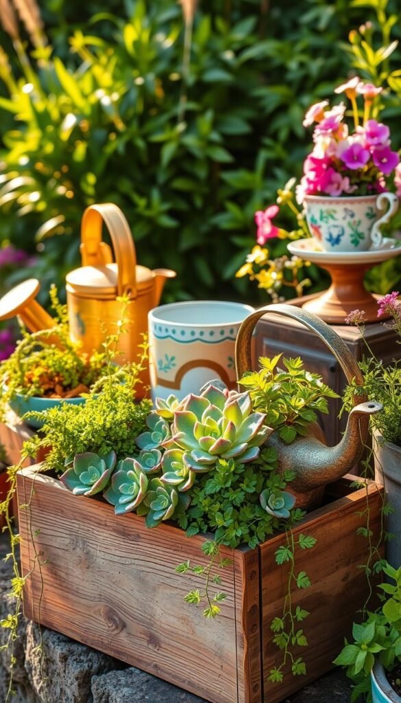 A vibrant arrangement of upcycled garden planters, bathed in warm, golden light. In the foreground, a rustic wooden planter overflows with thriving succulents and trailing vines. Beside it, a charming vintage teapot brims with lush, verdant foliage. In the middle ground, a colorful array of repurposed items - an old watering can, a chipped ceramic bowl, and a whimsical teacup - each bursting with delicate flowers. The background showcases a lush, verdant garden setting, complementing the eclectic collection of upcycled planters. The overall scene exudes a sense of harmony, creativity, and a celebration of the beauty that can emerge from everyday, discarded objects.