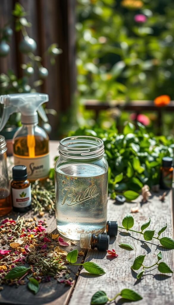 A vibrant, artfully composed still life depicting an assortment of organic gardening supplies. In the foreground, a rustic glass jar filled with a homemade garden spray solution, its contents shimmering under soft, natural lighting. Surrounding the jar, a scattering of dried herbs, flower petals, and essential oil bottles, hinting at the natural ingredients used in the recipe. In the middle ground, a weathered wooden table, its surface adorned with a lush assortment of green leaves and botanicals, casting delicate shadows. In the background, a blurred, verdant garden scene, suggesting the intended use of the spray in a thriving, pesticide-free outdoor space. The overall mood is one of tranquility, sustainability, and a connection to the natural world.