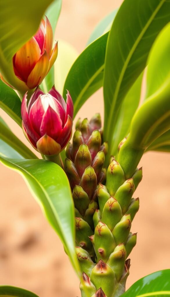 A vibrant close-up of a dragon fruit plant in its seasonal care routine, captured with a macro lens in soft, natural lighting. The foreground showcases lush, glossy green leaves and a blooming fuschia-colored dragon fruit blossom, its petals delicately unfurling. The middle ground features the plant's distinctive cactus-like stems, their ridged texture and vibrant green hues accentuated. The background gently blurs into a serene, earthy tone, creating a sense of depth and focus on the plant's intricate details. The overall composition exudes a sense of harmony and optimized care, reflecting the ideal conditions for nurturing a thriving dragon fruit garden.