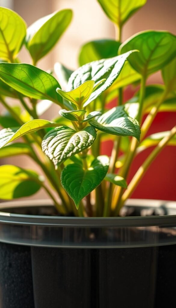 A vibrant, close-up view of a lush, self-watering potted plant, its leaves glistening with moisture. The plant is set against a soft, out-of-focus background, with warm, natural lighting casting a gentle glow. The soil surface is visible, revealing the sub-irrigation system's water reservoir, showcasing its efficient water-saving design. The composition emphasizes the plant's healthy, thriving appearance, conveying the benefits of self-watering systems for hassle-free container gardening. The image radiates a sense of tranquility and the joy of effortless, sustainable plant care.