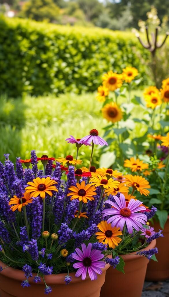 A vibrant cluster of bee-attracting flowers in terracotta pots, set against a warm, sun-dappled backdrop. In the foreground, a lush arrangement of lavender, cosmos, and marigolds, their petals softly illuminated by the gentle natural light. In the middle ground, a row of potted sunflowers stand tall, their golden faces tracking the sun. The background features a verdant garden scene, with a hedgerow of lush greenery and the distant silhouette of a flowering tree. The overall composition conveys a sense of abundance, color, and life, perfectly suited to attracting and sustaining a thriving bee population.