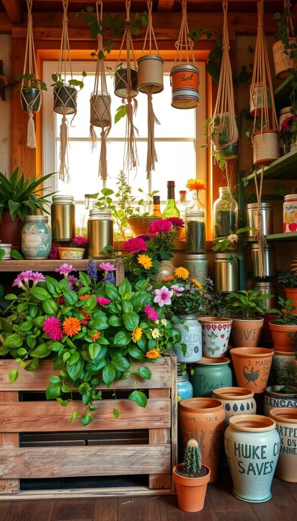 A vibrant collection of upcycled household items transformed into captivating seasonal planters. In the foreground, a rustic wooden crate overflows with lush greenery and colorful blooms, its weathered surface complementing the natural hues. Surrounding it, an array of repurposed jars, tin cans, and glass bottles, each adorned with intricate macrame hangers and trailing vines. The middle ground showcases a whimsical assortment of painted terracotta pots, their surfaces adorned with hand-stamped patterns that evoke the changing seasons. In the background, a warm, diffused light filters through a window, casting a soft, golden glow over the entire scene, creating an inviting and cozy atmosphere. The overall composition emphasizes the harmonious blend of rustic, natural, and handcrafted elements, showcasing the beauty and creativity of upcycled planters for every season.