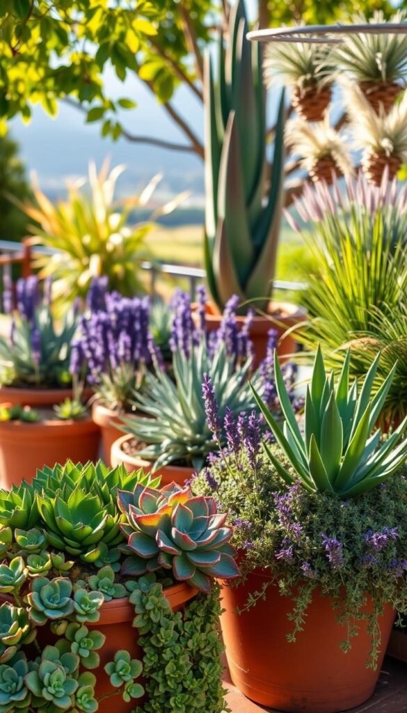 A vibrant container garden showcasing lush, low-water plants under warm, dappled sunlight. In the foreground, succulents like echeveria and sedum cascade gracefully over the edges of terracotta pots. Moving back, drought-tolerant perennials like lavender and sage thrive in a medley of pots and planters. The mid-ground features a towering, sculptural agave anchoring the composition, its spiky leaves contrasted by the delicate, feathery foliage of ornamental grasses. The background is defined by a serene, out-of-focus vista, hinting at a peaceful outdoor oasis. The overall scene conveys an effortless, low-maintenance elegance perfect for container gardening success.