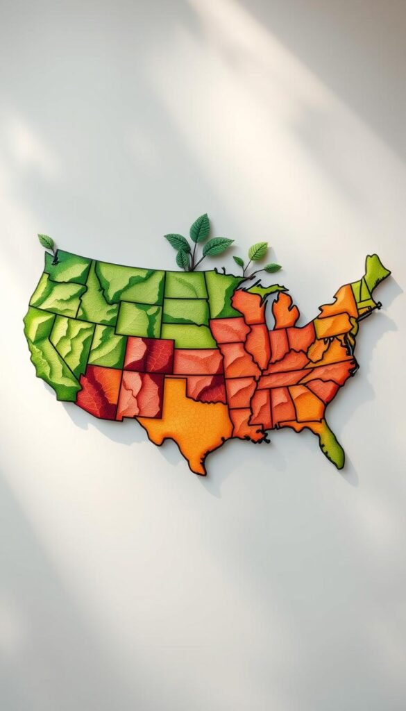 A vibrant, detailed USDA hardiness zone map, showcasing the distinct climate regions across the United States. The map is presented in a naturalistic, hand-drawn style, with lush foliage and organic textures. The zones are clearly delineated, each with its own unique color and pattern, conveying the nuances of temperature and growing conditions. The map is positioned centrally, surrounded by a soft, atmospheric background, with subtle lighting casting gentle shadows and highlights. The overall mood is informative yet visually captivating, inviting the viewer to explore the diverse climates and their suitability for cultivating a variety of fruit species.