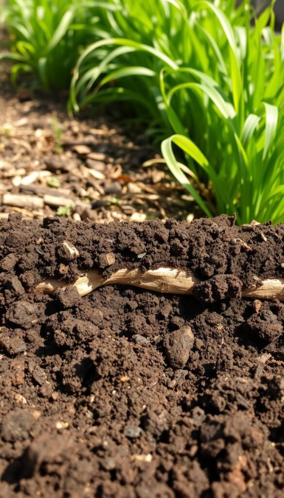 A vibrant, detailed no-dig garden bed, showcasing the layered composition of the fertile soil. In the foreground, a close-up view of the compost-rich topsoil, revealing the rich, dark brown hues and visible organic matter. In the middle ground, the distinct layers of the bed are visible - a thick, well-decomposed layer of compost on top, transitioning into a lighter, more crumbly layer of partially decomposed materials, and finally a bottom layer of undecomposed woody debris. The background features a lush, green cover crop, gently swaying in a warm, natural light. The scene conveys a sense of abundance, healthy growth, and the gradual, natural accumulation of nutrients and structure in a thriving no-dig garden system.