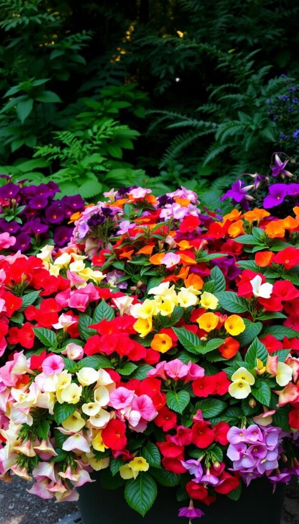 A vibrant display of shade-loving annuals overflowing from a lush container garden. In the foreground, clusters of begonias in shades of pink, red, and white cascade down the sides, their waxy leaves glistening. In the middle ground, a mix of impatiens in violet, orange, and yellow hues create a captivating tapestry, complemented by the delicate blooms of fuchsias in shades of purple and pink. The background features a backdrop of verdant foliage, including lush hostas and ferns, creating a serene, forest-like atmosphere. The lighting is soft and diffused, casting a warm, ambient glow that enhances the colors and textures of the flowers. The overall composition is balanced and visually compelling, capturing the beauty and vibrancy of shade-loving annuals in a container garden setting.