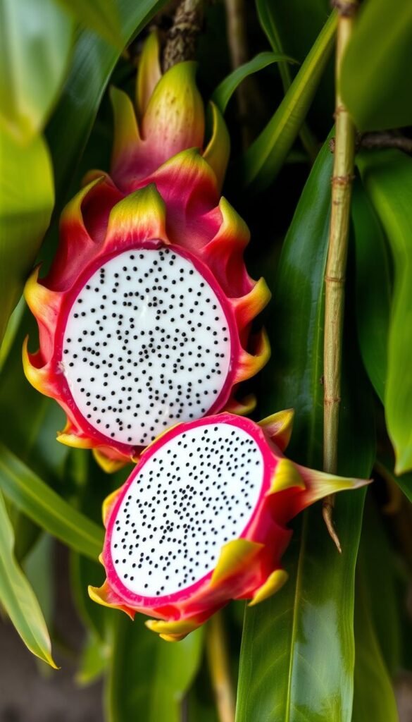 A vibrant dragon fruit, its segmented skin radiating shades of vibrant pink and green, rests against a backdrop of lush, verdant foliage. The fruit's interior is revealed, showcasing its stunning white flesh dotted with tiny black seeds, a testament to its exotic allure. Soft, diffused lighting bathes the scene, highlighting the fruit's natural texture and creating a sense of serene, natural harmony. The image conveys the health benefits of this unique tropical superfruit, inviting the viewer to explore its unique properties and potential for urban garden inspiration.
