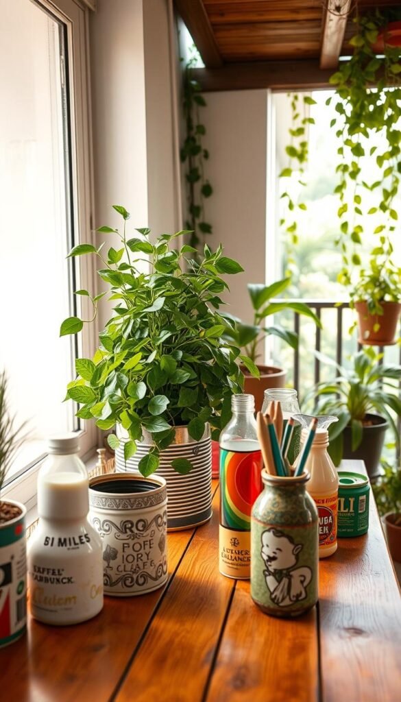 A vibrant, eco-friendly scene showcasing the upcycling of plastic containers on a balcony. In the foreground, a repurposed coffee tin is transformed into a lush planter, its verdant foliage spilling over the sides. Surrounding it, an array of repurposed milk jugs and other plastic containers have been cleverly reimagined as whimsical planters and organizers, their surfaces adorned with intricate patterns and textures. The middle ground features a wooden table, its surface adorned with an array of repurposed items, including a vase made from a bottle and a pen holder crafted from a container. Soft, natural lighting filters through a nearby window, casting a warm, inviting glow over the scene. The background showcases the balcony's verdant surroundings, with potted plants and trailing vines adding to the overall sense of sustainability and eco-consciousness.