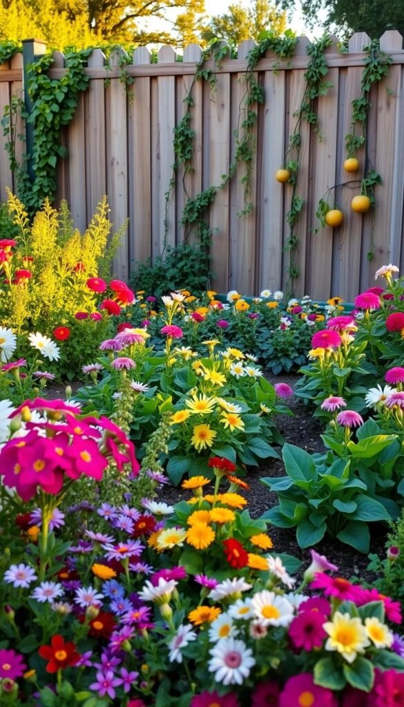 A vibrant garden layout with an artful arrangement of colorful flowers and flourishing vegetables, bathed in warm golden-hour lighting and captured from a slightly elevated angle to showcase the carefully curated design. In the foreground, a mix of blooming perennials and fragrant annuals create a lush, eye-catching border, while the middle ground features neatly spaced rows of thriving vegetable plants, their leaves and fruits casting dynamic shadows. The background is anchored by a picturesque wooden fence, softened by the trailing vines and greenery that cascade over it, evoking a sense of tranquility and harmony between the two distinct yet complementary elements of the garden.