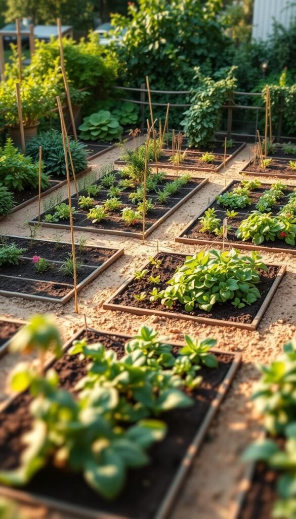 A vibrant garden layout with neatly organized square foot sections, but featuring common mistakes: cramped spacing, overcrowded plants, uneven soil levels, missing trellises, and haphazard pathways. Soft, warm lighting illuminates the scene, with a slightly blurred, shallow depth of field to focus attention on the problematic areas. The overall atmosphere conveys a sense of potential, tempered by the need for more mindful design and execution.