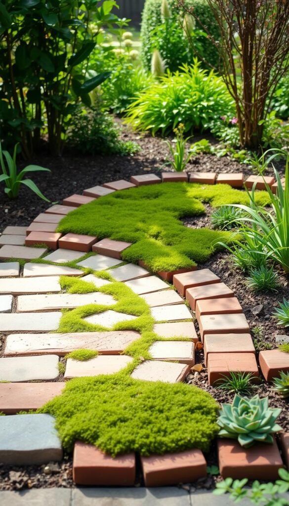 A vibrant garden scene, showcasing an array of budget-friendly edging materials laid out in a natural, organic arrangement. The foreground features a mix of natural stone pavers, rustic wooden planks, and recycled bricks, all arranged in a charming, asymmetrical pattern. The middle ground presents a variety of ground covers, including lush green moss and low-growing succulents, creating a visually appealing contrast. In the background, a lush, verdant garden backdrop frames the scene, with the gentle play of natural light casting soft, diffused shadows across the various textures and materials. The overall atmosphere is one of rustic simplicity and cost-effective elegance, perfectly suited to illustrate the "Budget-Friendly and Cost-Effective Edging Options" section of the article.